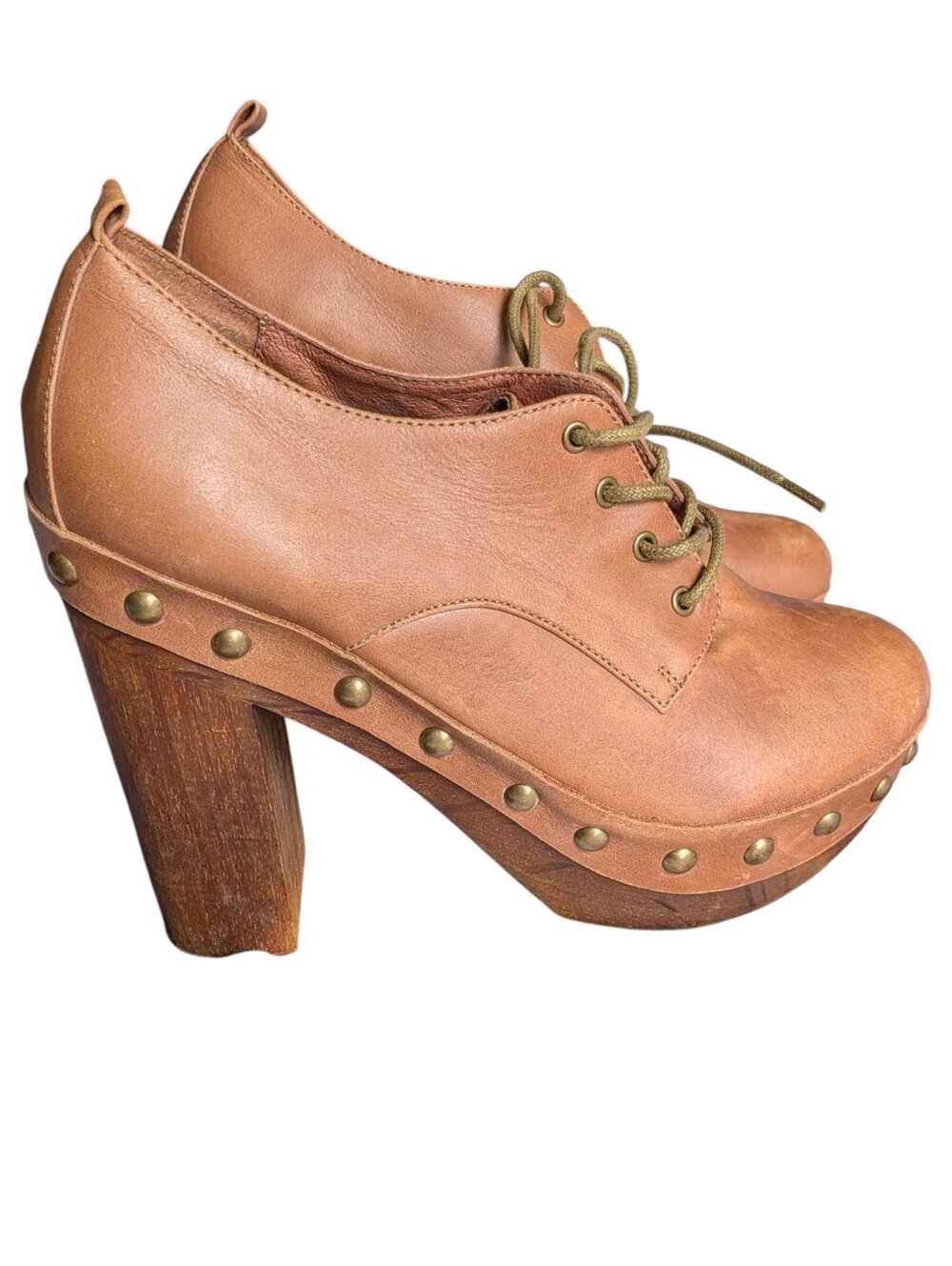 Crown Vintage Tan Leather Lace-Up Platform Heels with Studded Trim 8M Y2k